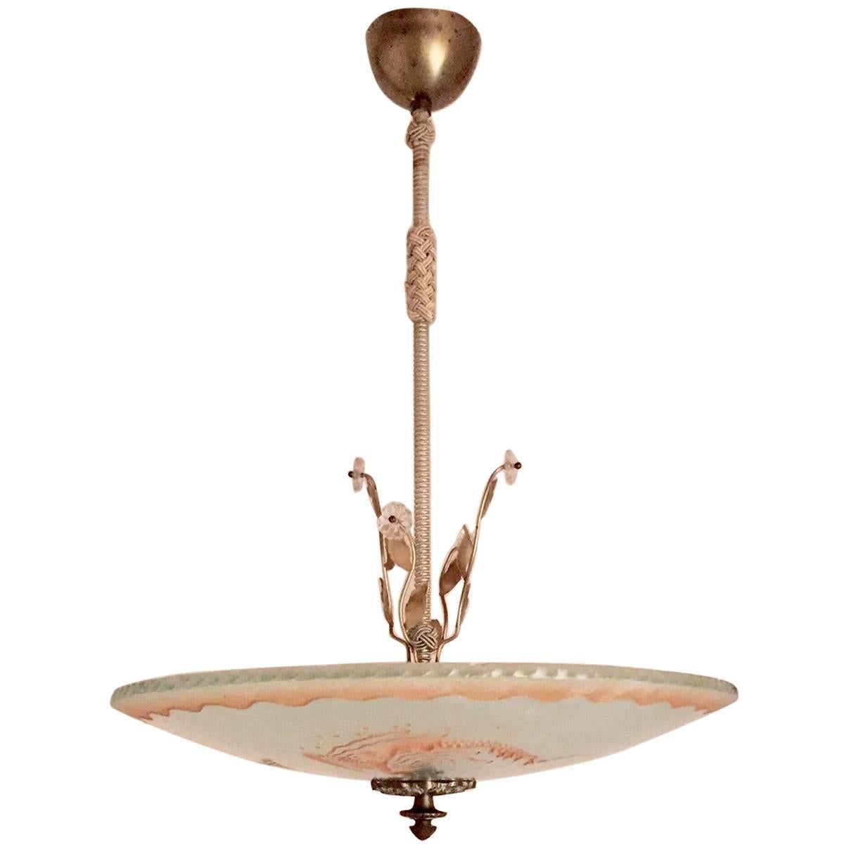 Swedish Art Deco 1935 Orrefors Mermaid Glass Pendant Lamp Chandelier For Sale