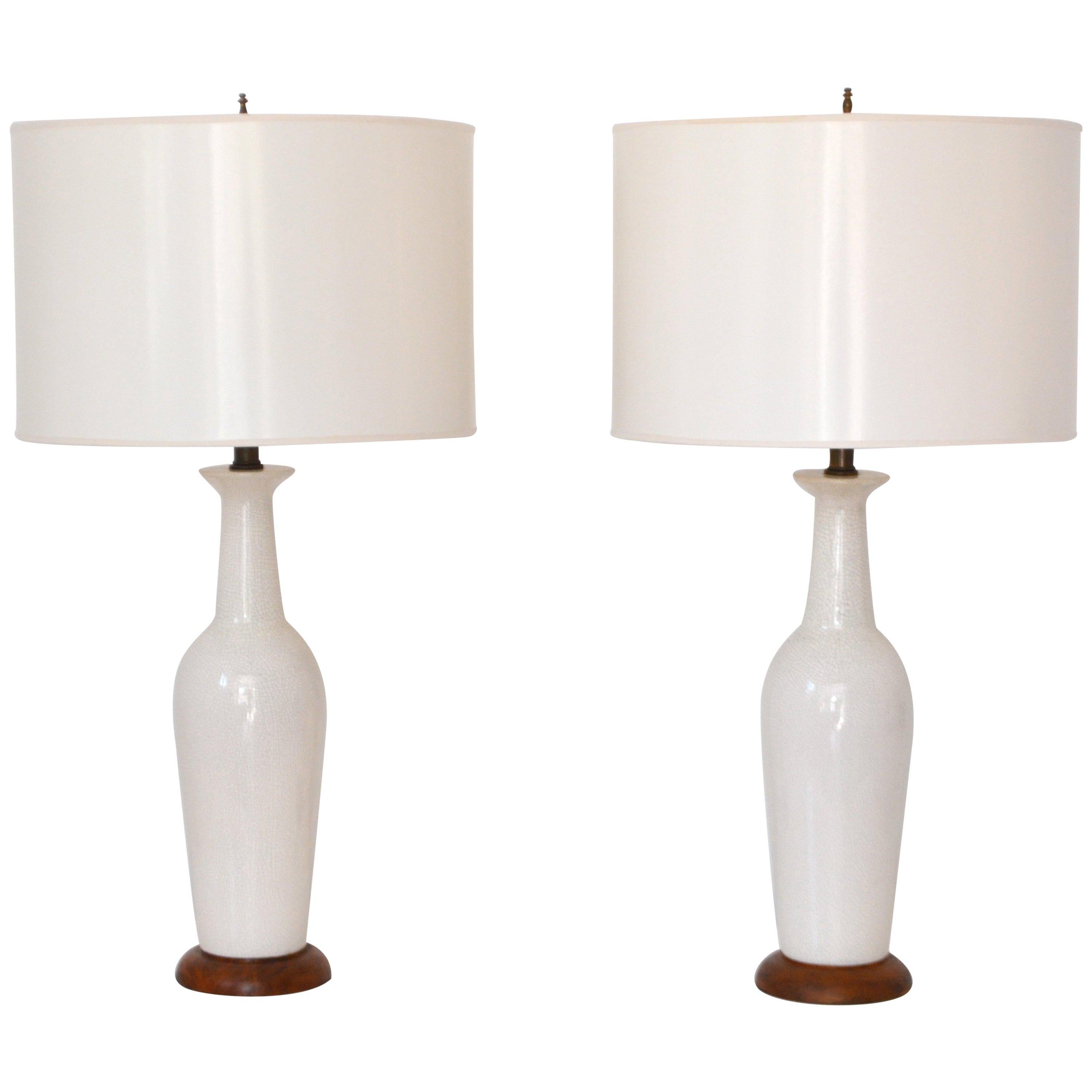 Pair of Midcentury Crackle Glazed Ceramic Bottle Form Table Lamps For Sale