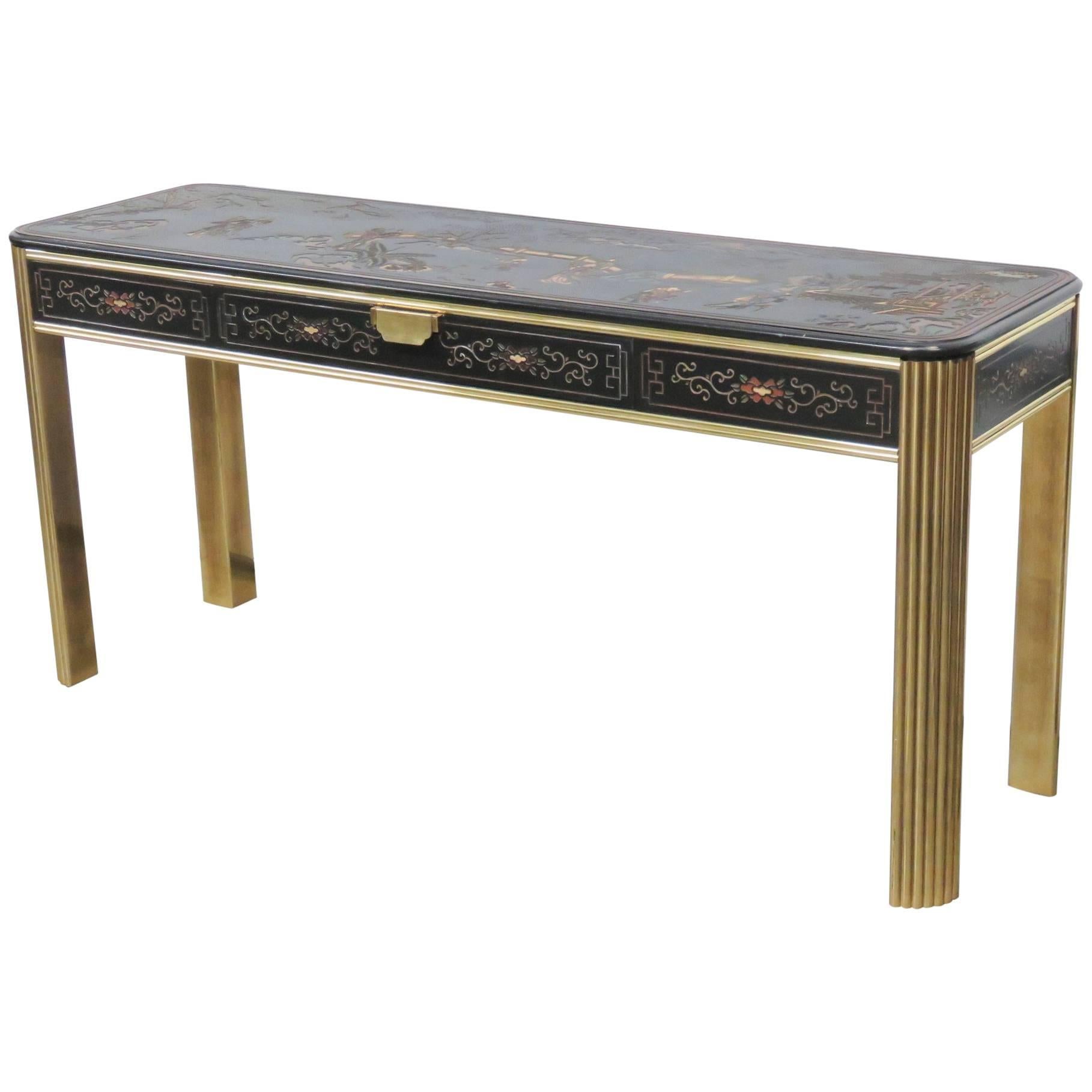 Mastercraft Style Chinoiserie Decorated Brass Console Sofa Table 