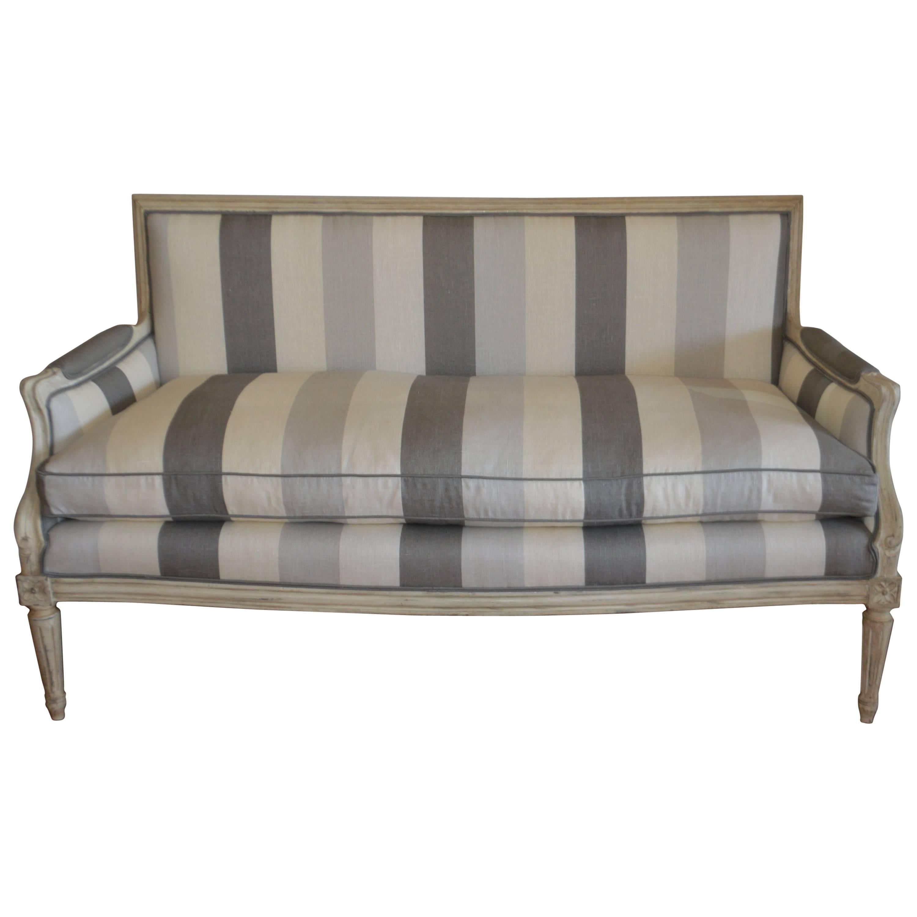 Louis XVI Style Painted Sofa with New Stripe Linen Fabric, Feather and Dawn Seat