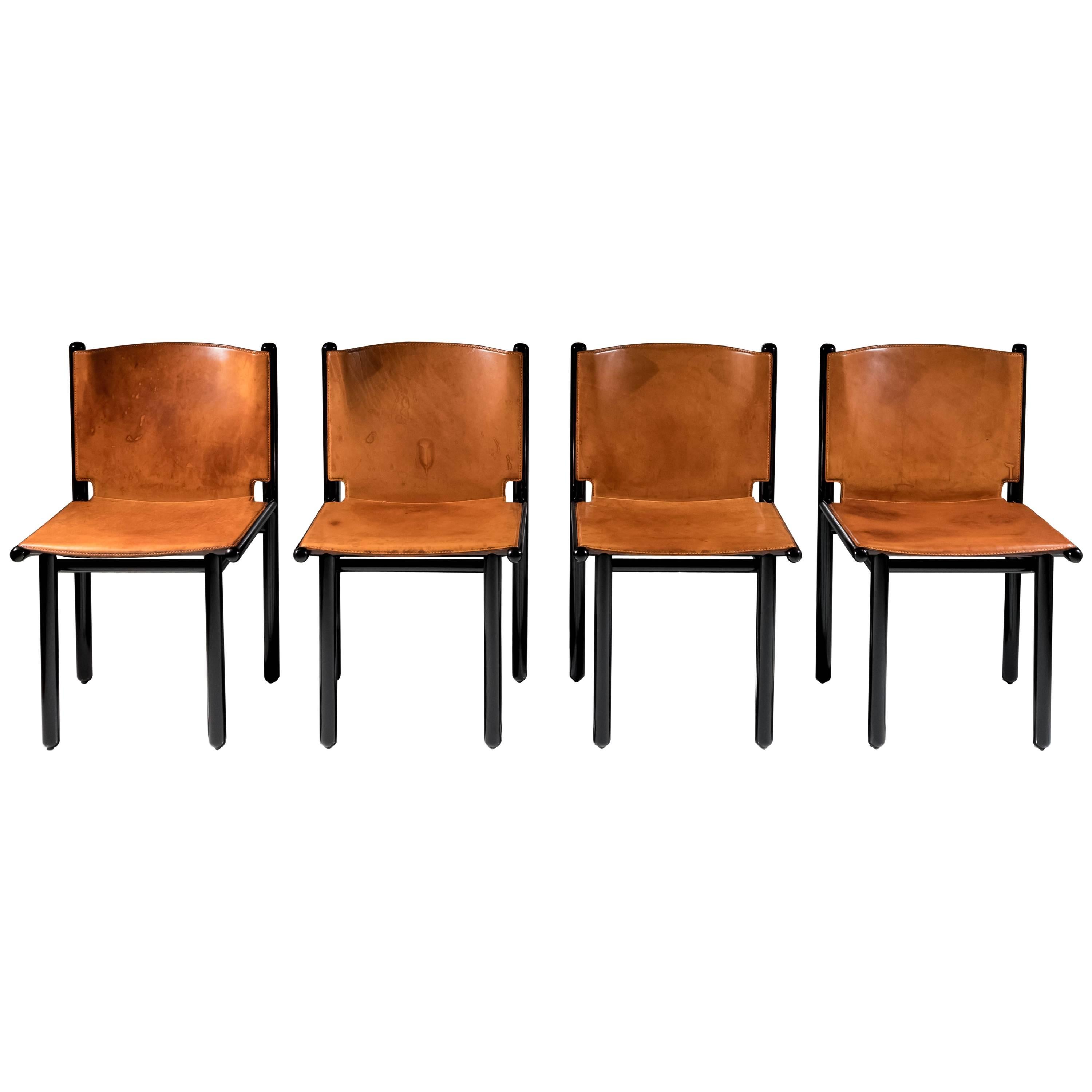Set of Four Natural Leather 'Caprile' Chairs by G.F. Frattini for Cassina, 1985