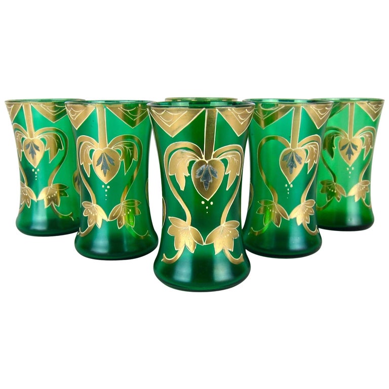 Antique Green Drinking Glasses with Golden Art Nouveau Enamel Decor at