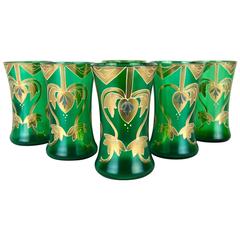Antique Bohemian Emerald Green Drinking Glass Set with Art Nouveau Enamel