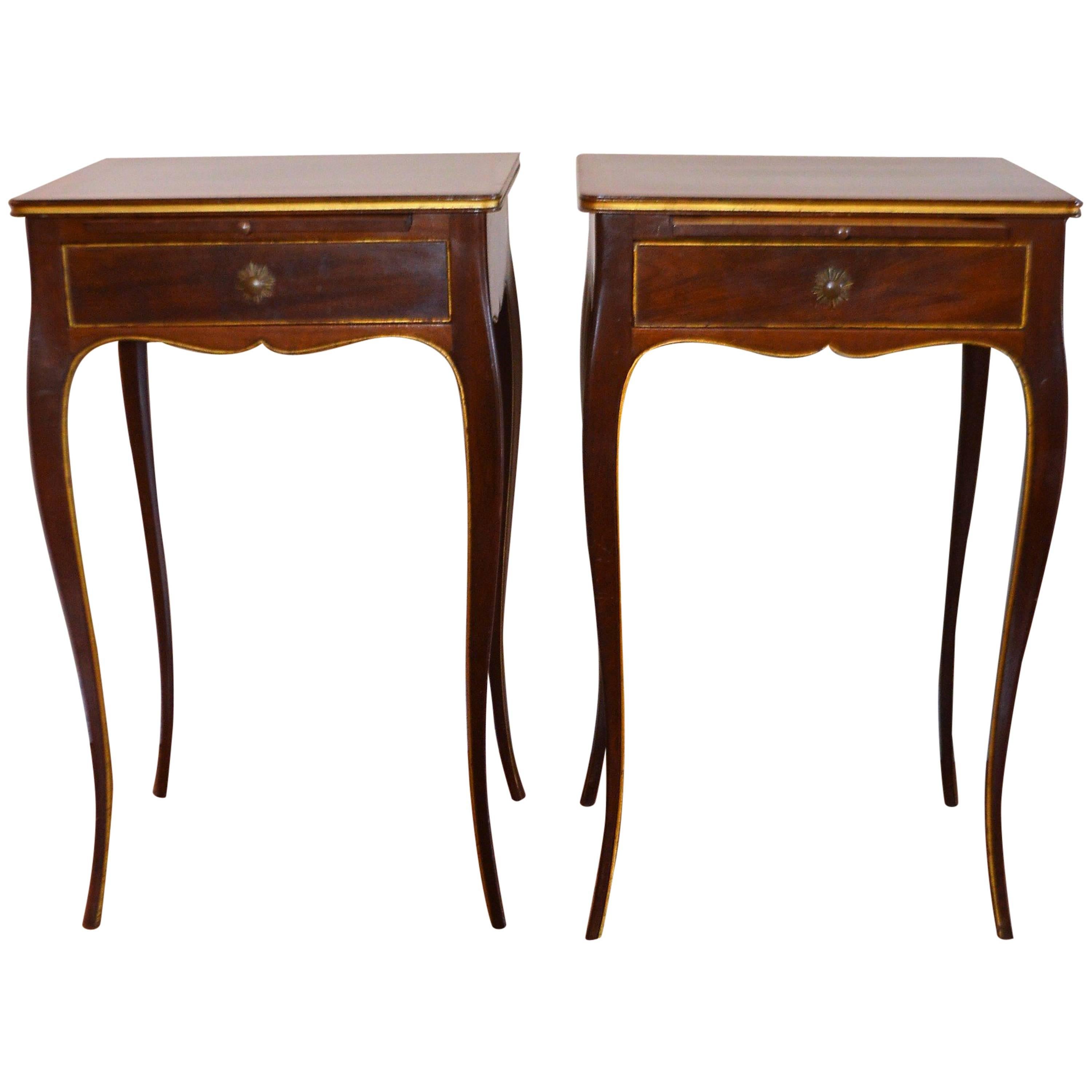 Pair of Elegant Mahogany Side Tables, Gilded Molding, Drawer and Pull-Out Table