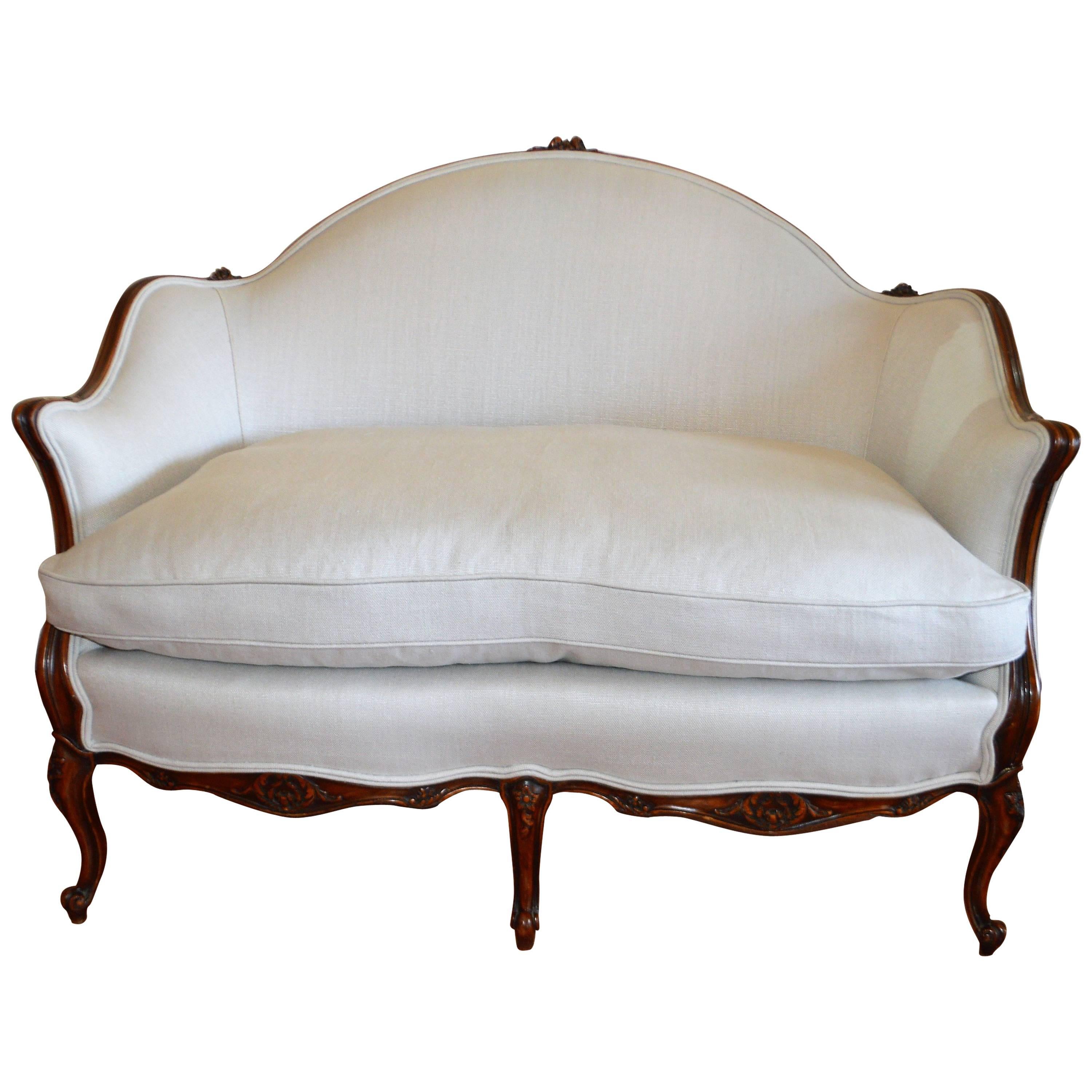 Louis XV Style Walnut Canape Newly Upholstered in Grey Linen Fabric, Dawn Seat