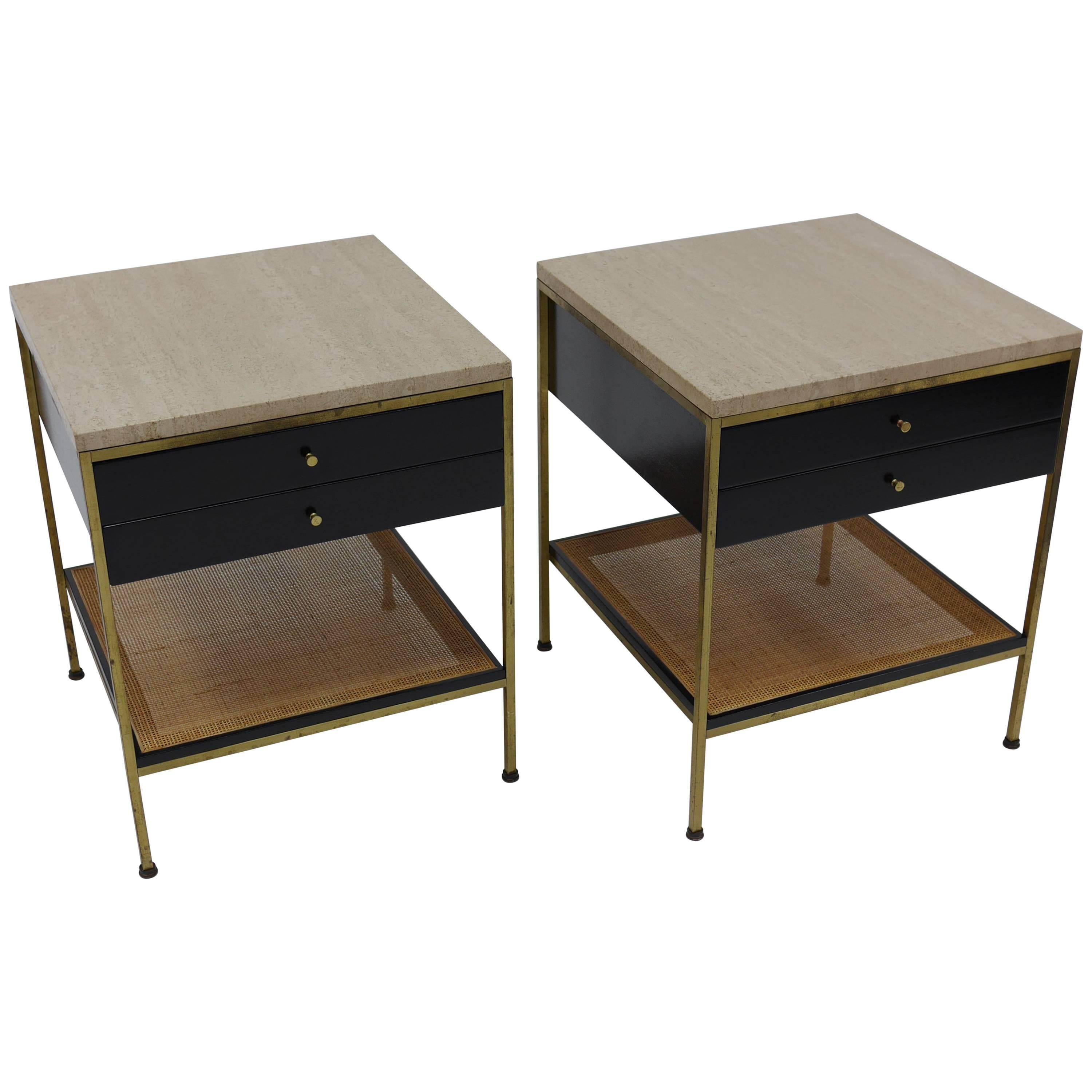 Pair of Paul McCobb Irwin Collection Brass Nightstands with Travertine Tops