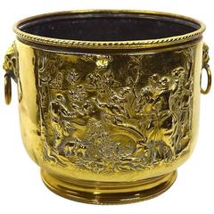 Antique Brass Repousse Bucket with Lion Rosette Ring Handles