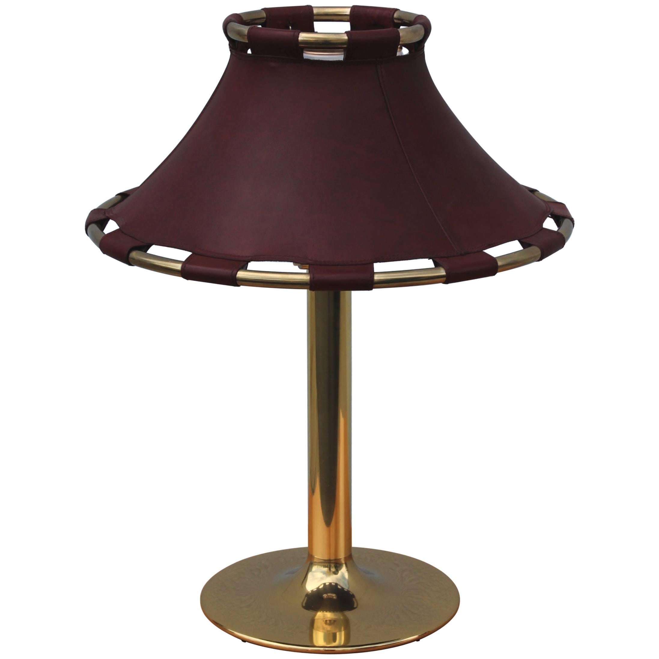 Swedish Brass with Leather Shade Table Lamp by Ateljé Lyktan For Sale