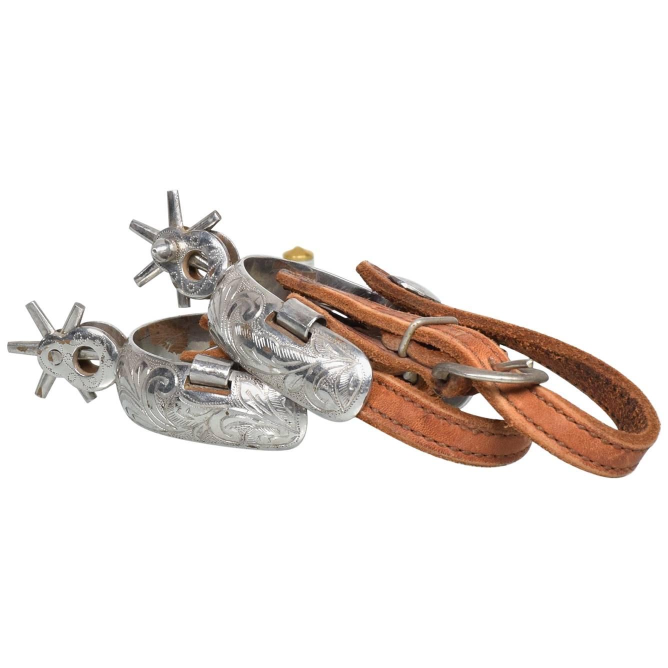 Pair of Vintage Spurs with Saddle Leather Straps