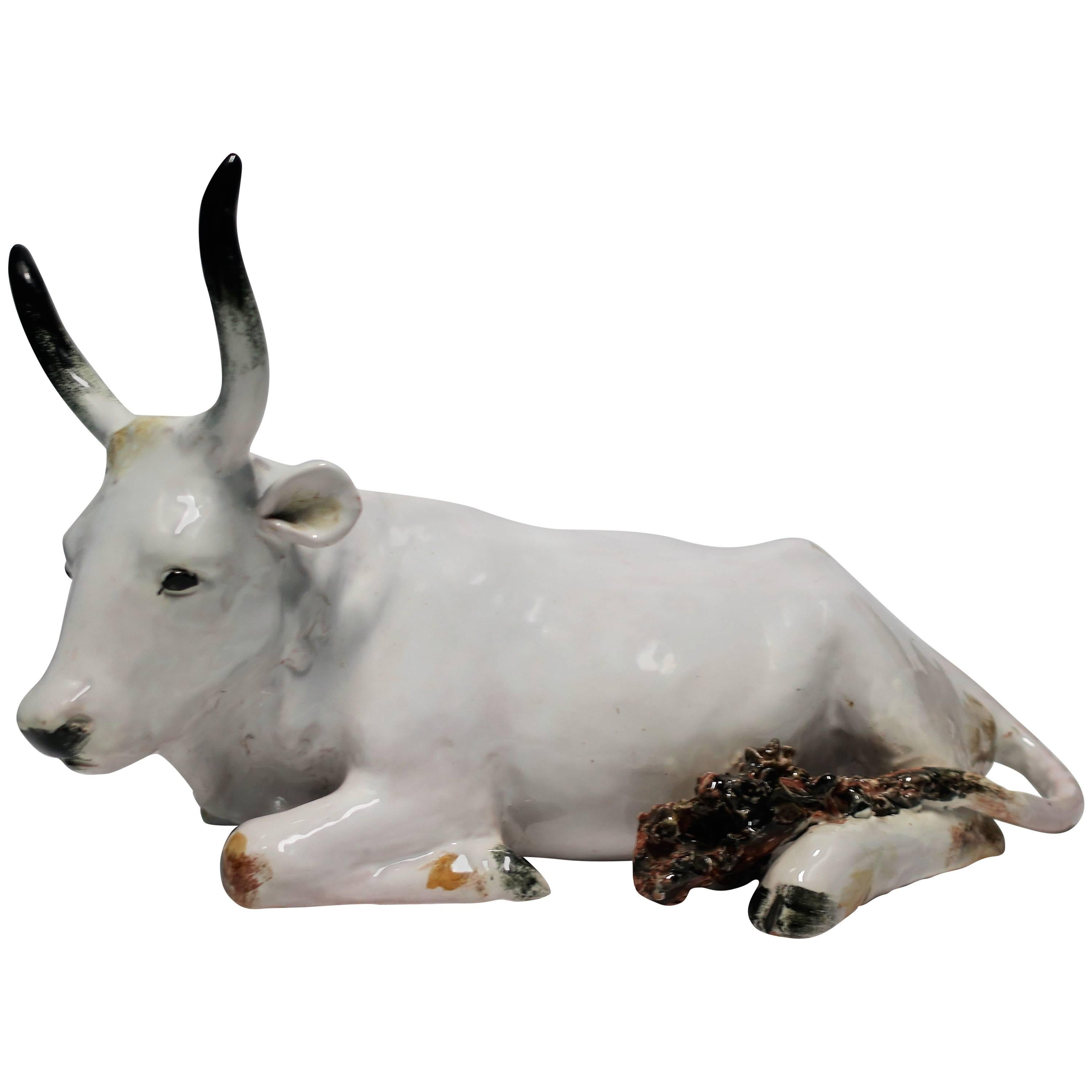 Italian White Pottery Animal Bovine Cow Sculpture