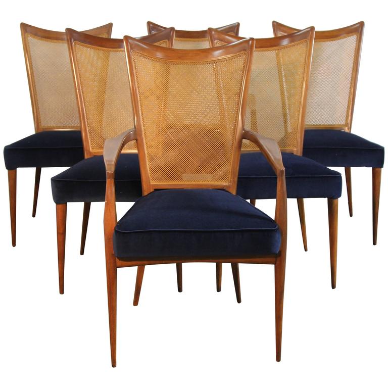 Set of Six Erno Fabry Dining Chairs Newly Upholstered Navy Velvet For