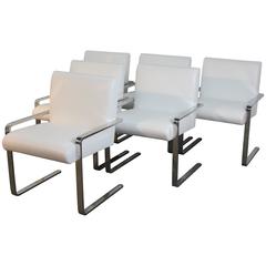 Set of Six Newly Upholstered Arthur Umanoff Chrome Flat Bar Dining Chairs 6