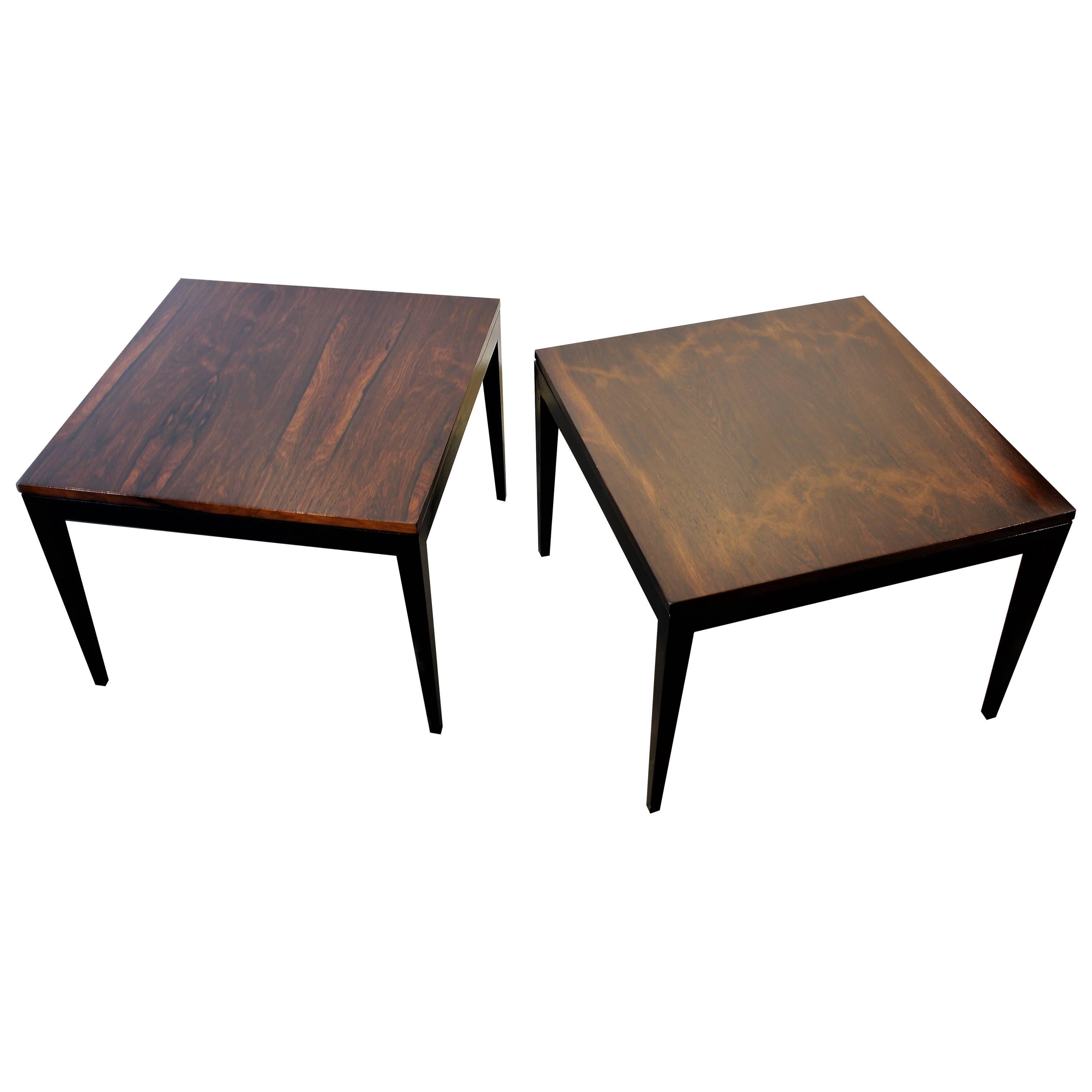 Large beautiful rosewood and ebonized end tables by Harvey Probber, 1960s. Tables have great scale. Rosewood grain on both tables is unique and vibrant. 

Refine Limited is a curated collection of Mid-Century, deco, Danish modern, and decorative