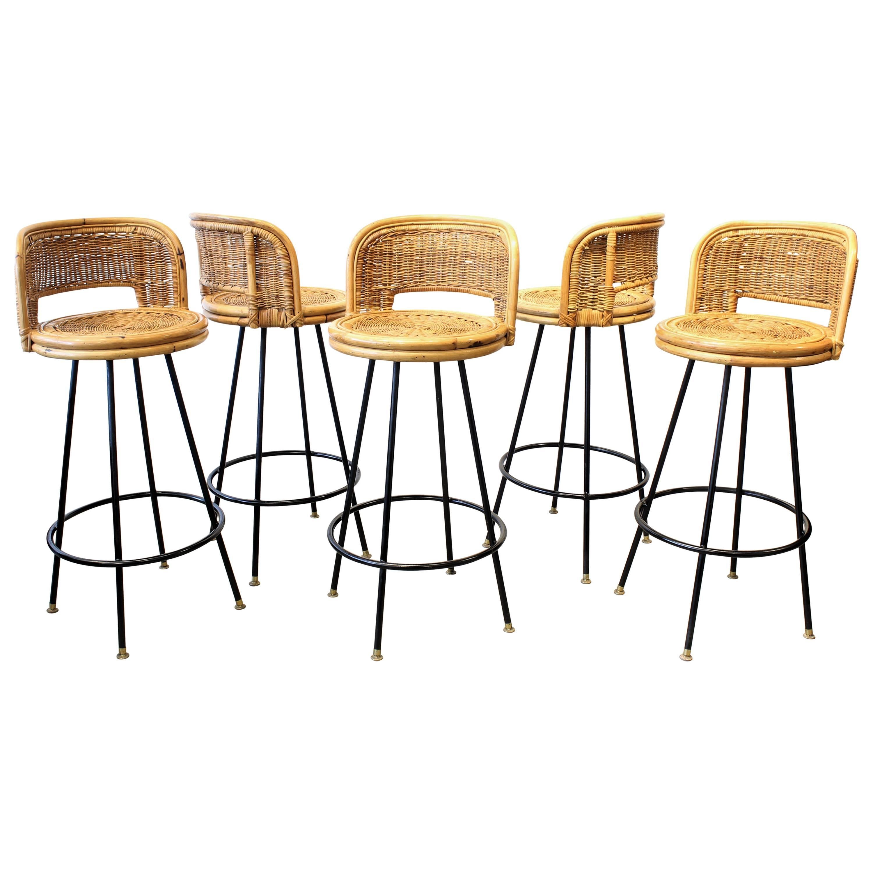 Set of Pristine Rattan and Wrought Iron Bar Stools by Seng of Chicago, 1950s