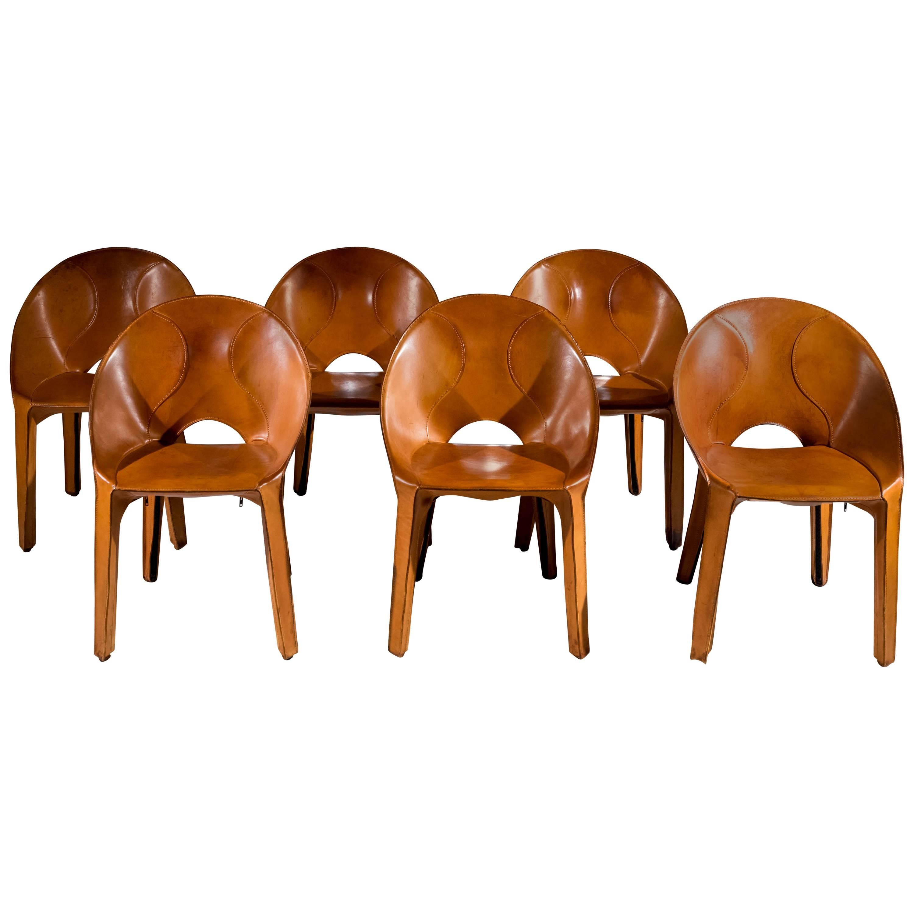 Rare Set of Six "Lira" Saddle Leather Chairs by Mario Bellini for Cassina, 1989