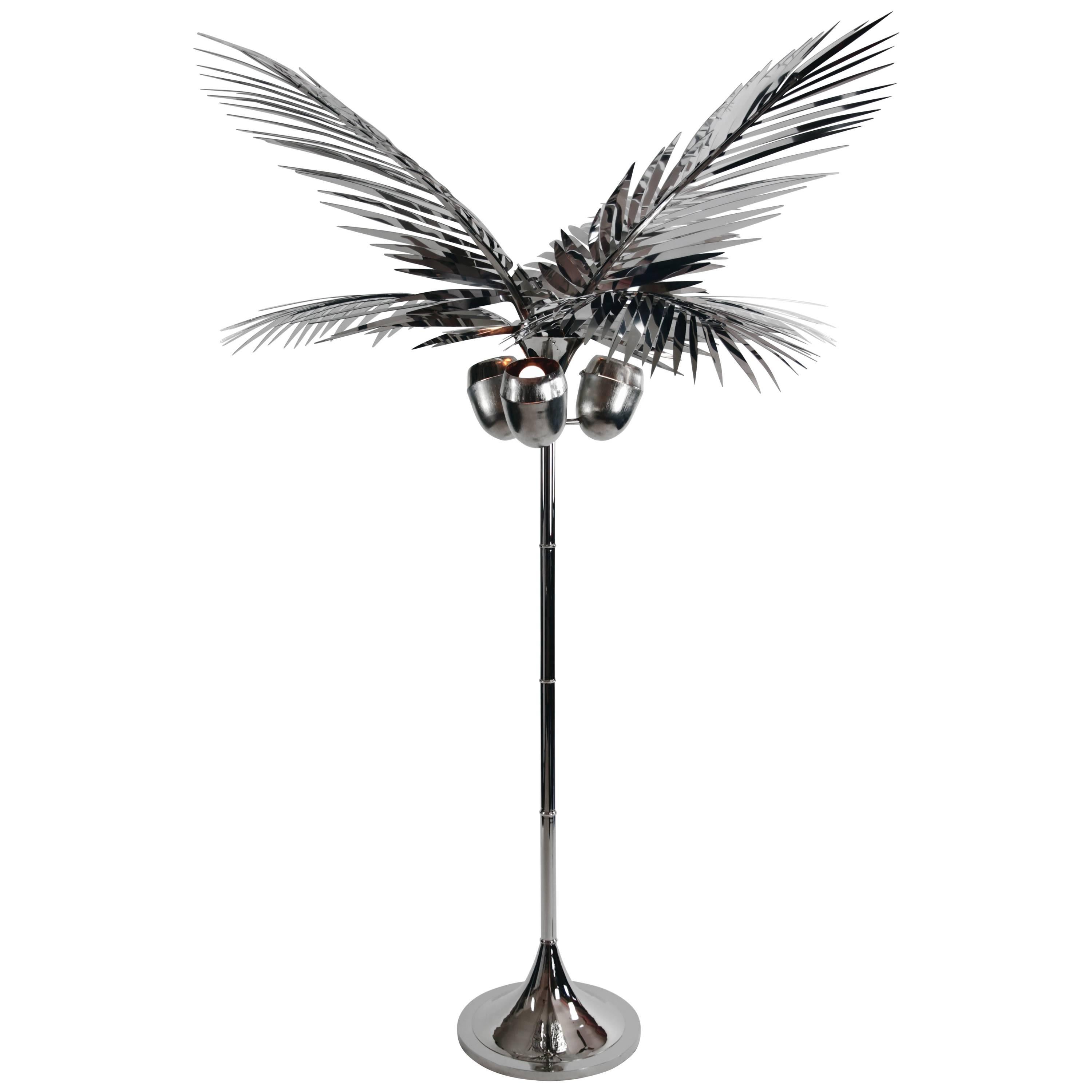 California King Palm Tree Floor Lamp Nickel Plated Brass by Christopher Kreiling For Sale