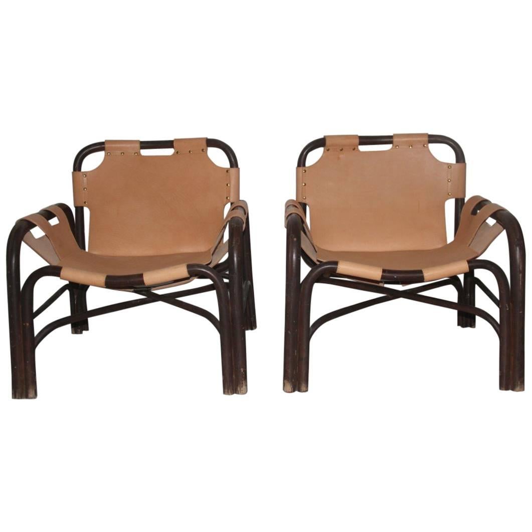 Pair  Leather Safari Armchairs and Rattan Bonacina Attributed Tito Agnoli