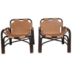 Pair  Leather Safari Armchairs and Rattan Bonacina Attributed Tito Agnoli