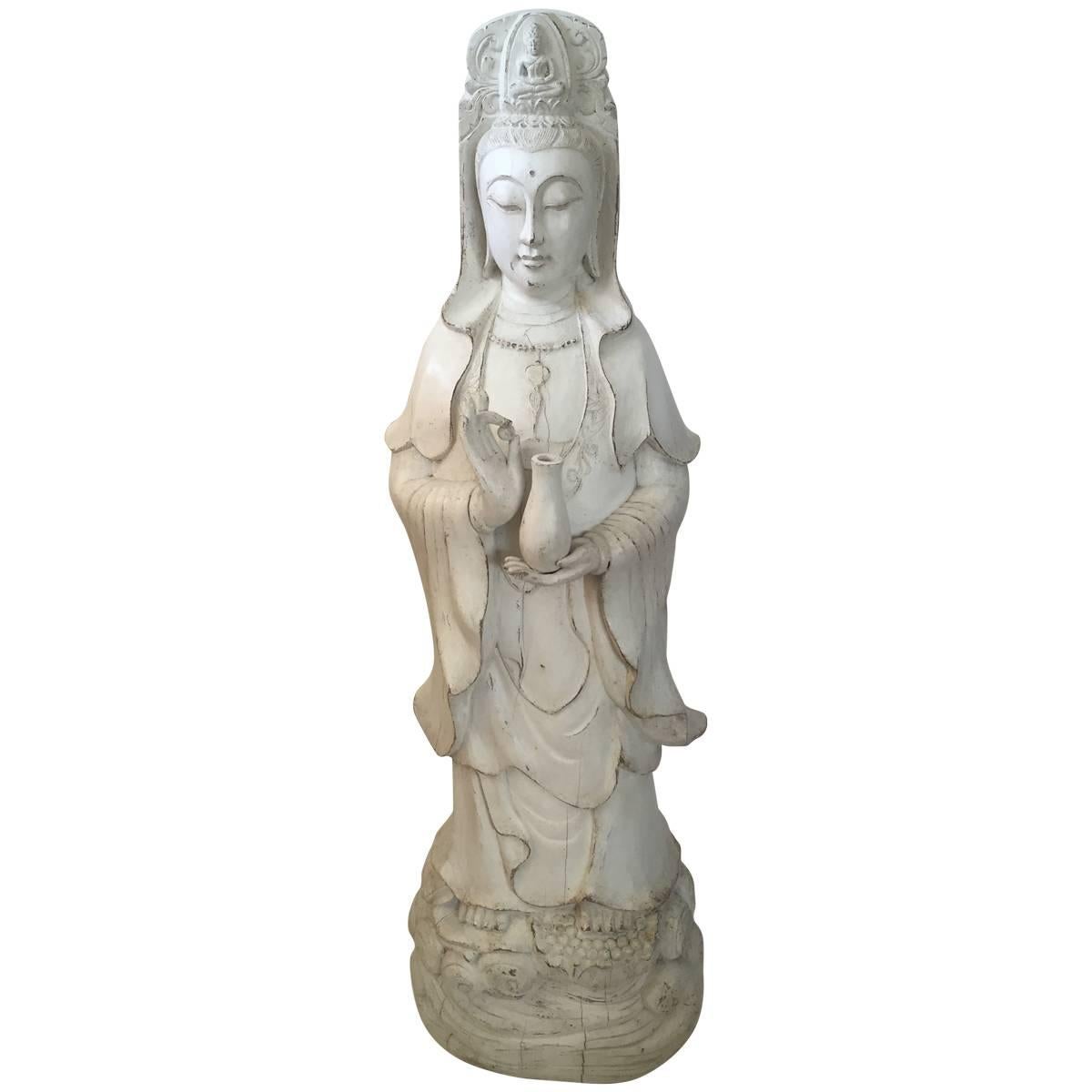 Very Large Floor Statue 19th-Early 20th Century Chinese Wooden Guanyin For Sale