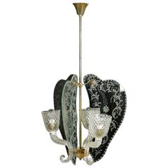 Hanging Lamp Brass Blown Glass Engraved Decorated Glass Vintage, Italy, 1940s