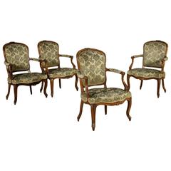 Four Elegant Finely Carved Walnut Cabriolet Armchairs France Early, 18th Century