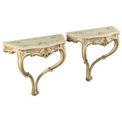 20th Century Pair of Venetian Lacquered and Painted Console Tables