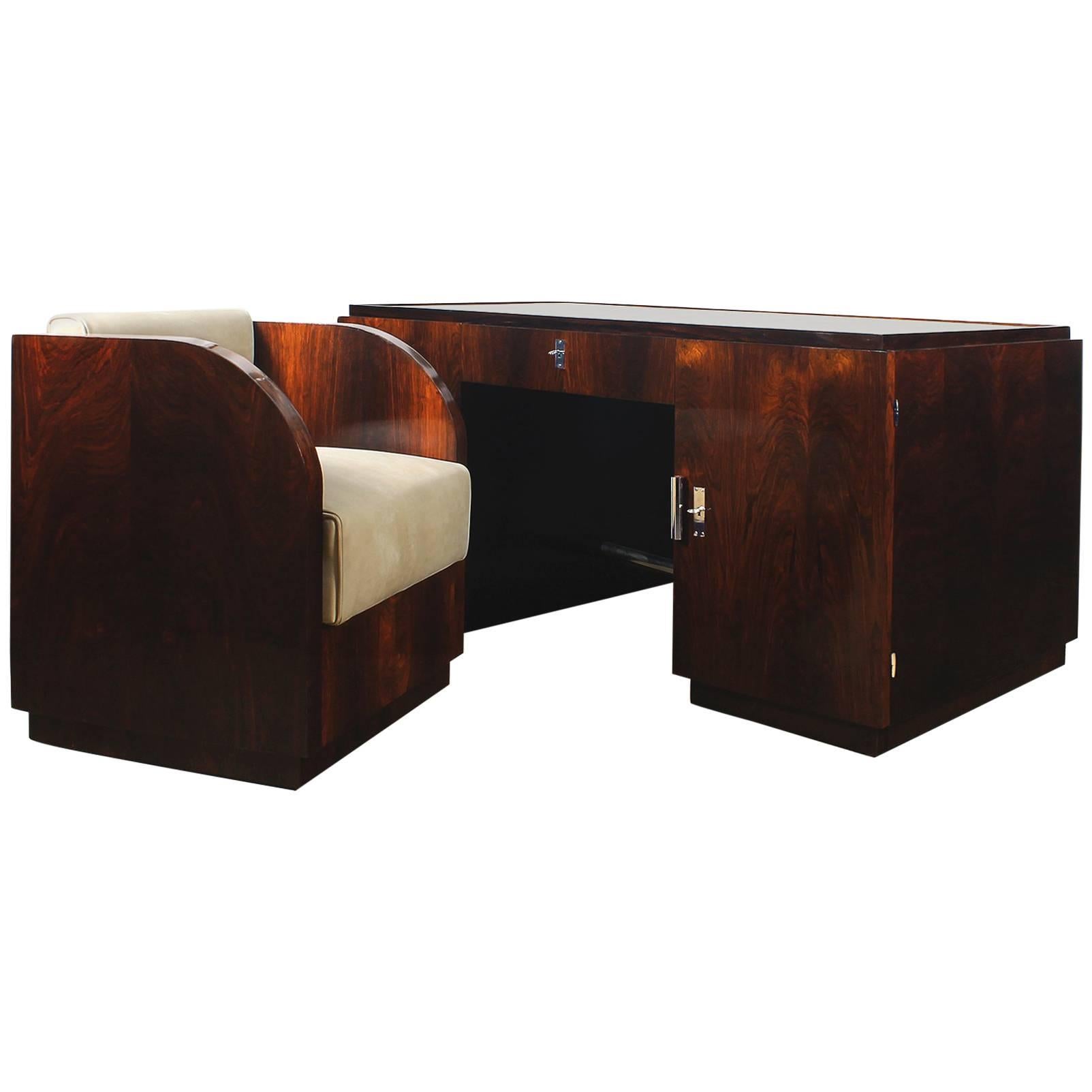 1930´s Set of Art Deco Cubists Desk and Armchair, rosewood, leather - France