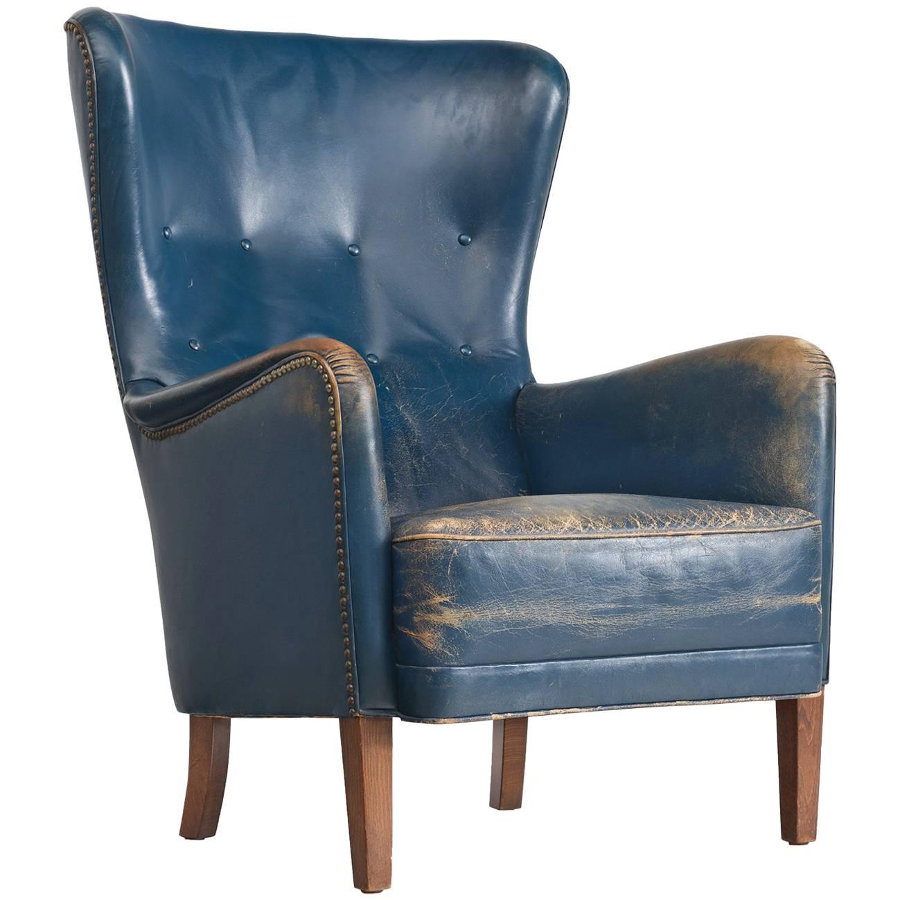 Danish Easy Chair in Blue Original Leather