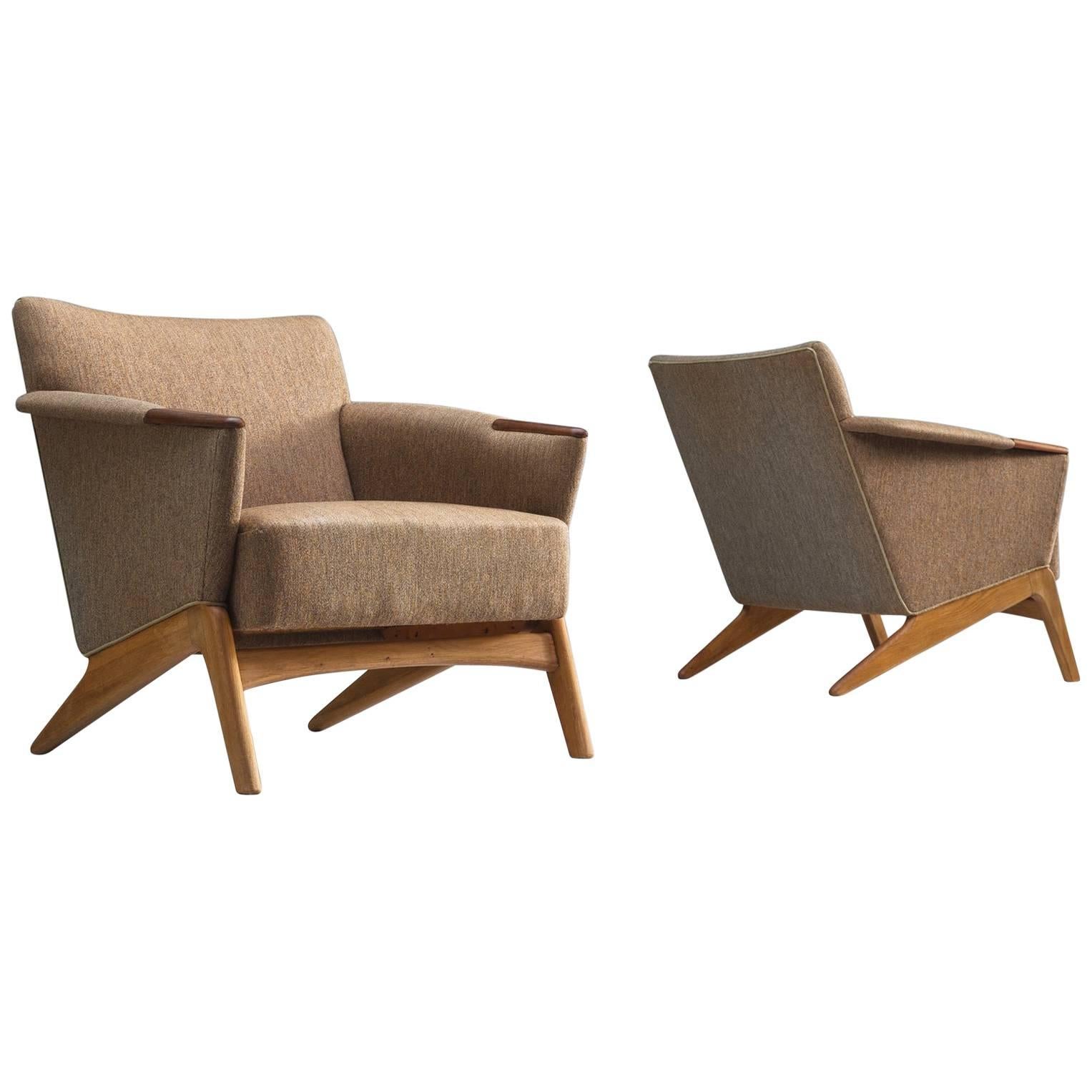 Pair of Danish Easy Chairs in Grey Fabric and Teak