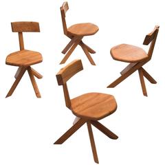 Pierre Chapo Set of Four Small Asymmetrical Chairs in Elm