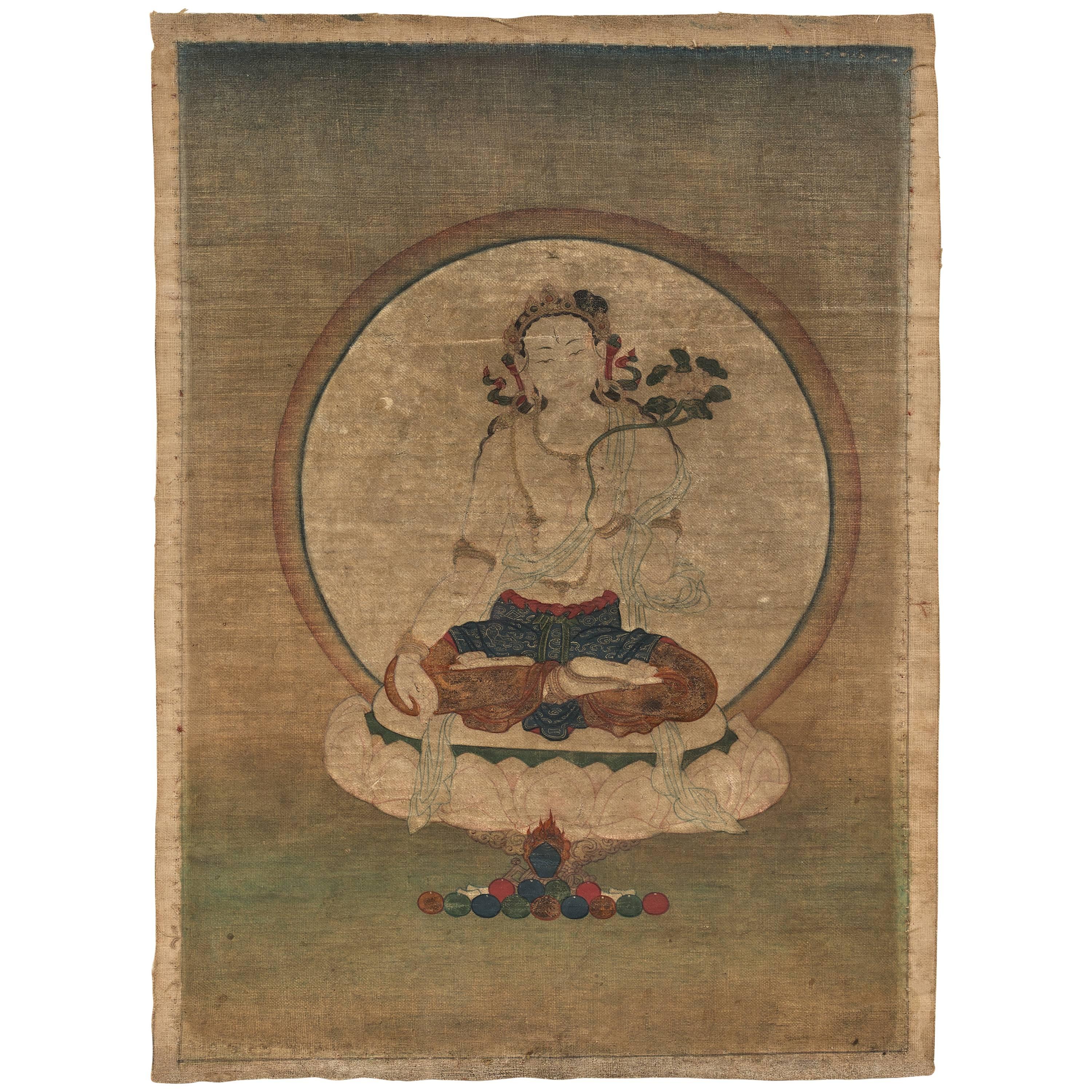18th Century Tibetan White Tara Painted Thangka For Sale