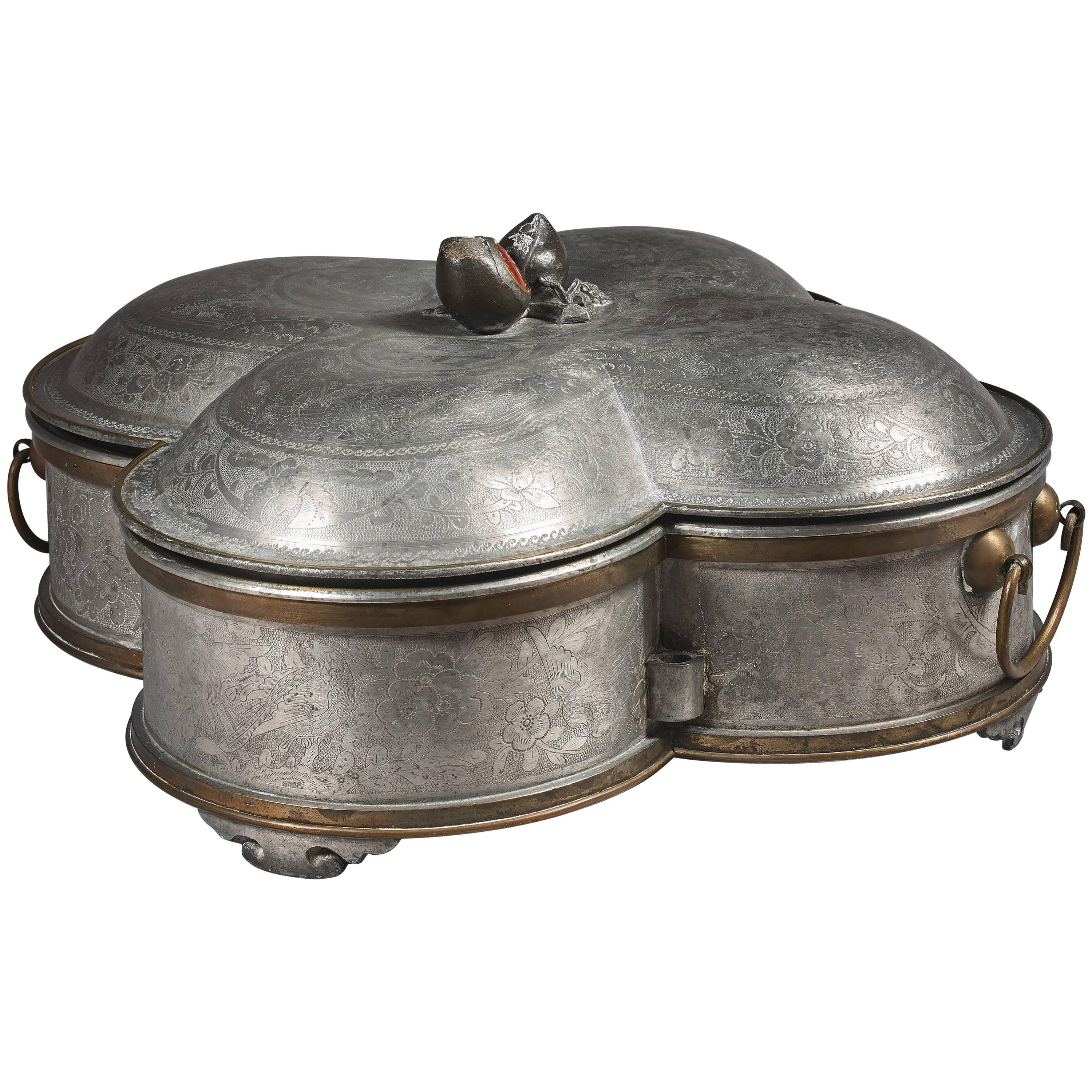 Rare 19th Century Chinese Pewter and Hardstones Fondue Set For Sale