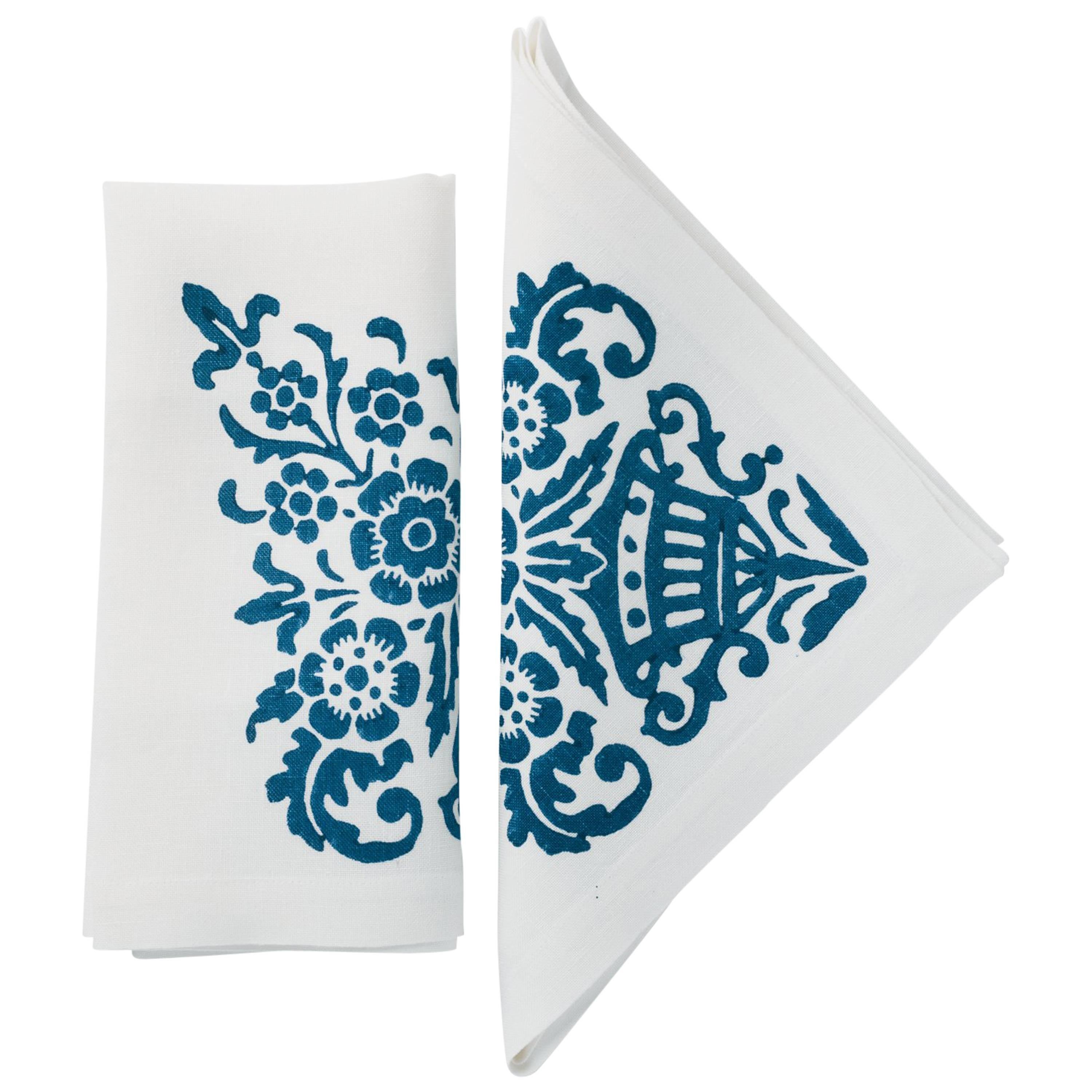 Blue Hand Printed Linen Napkins, Set of Four For Sale