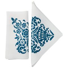Blue Hand Printed Linen Napkins, Set of Four