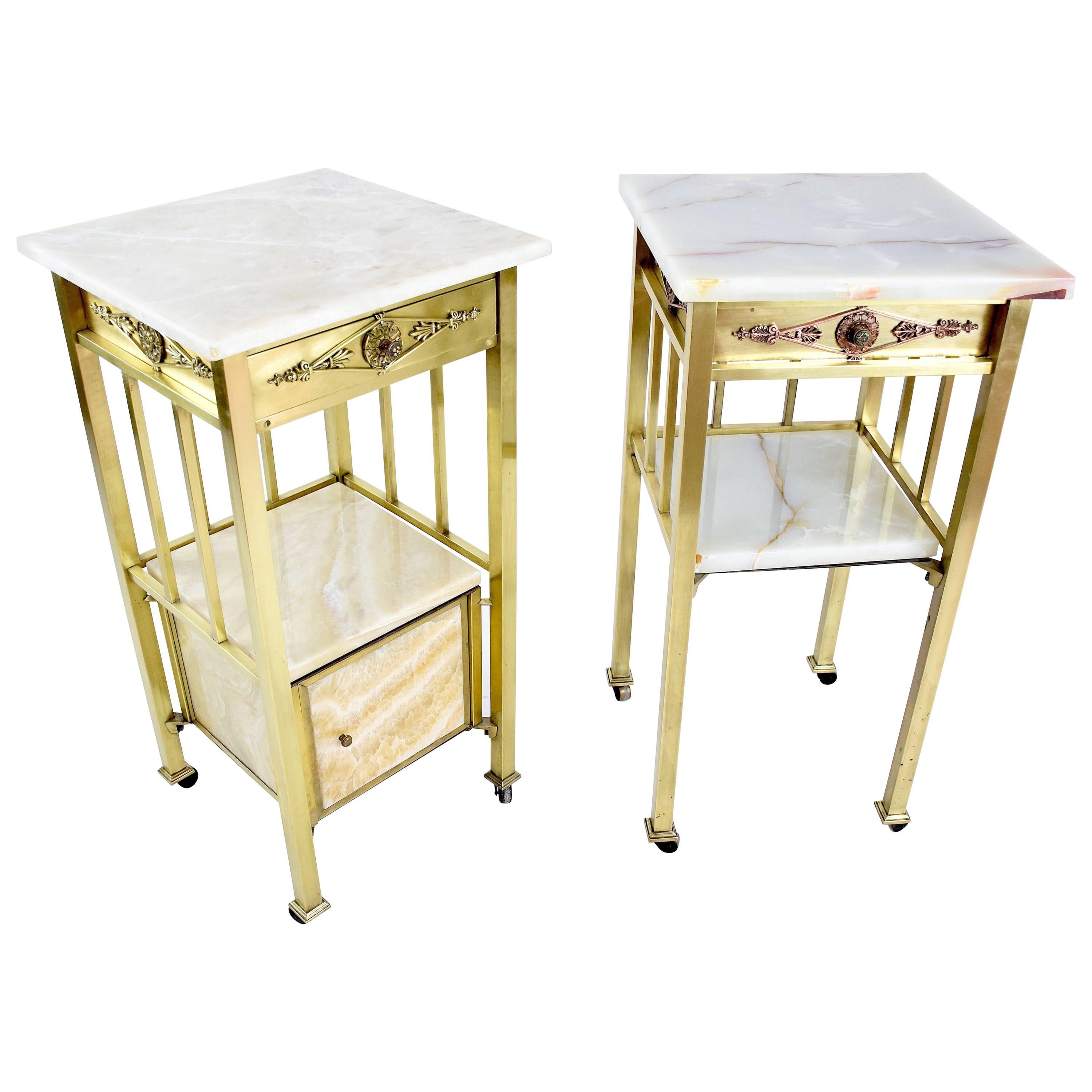 French Pair of High Marble Brass Nightstands, 1920's 