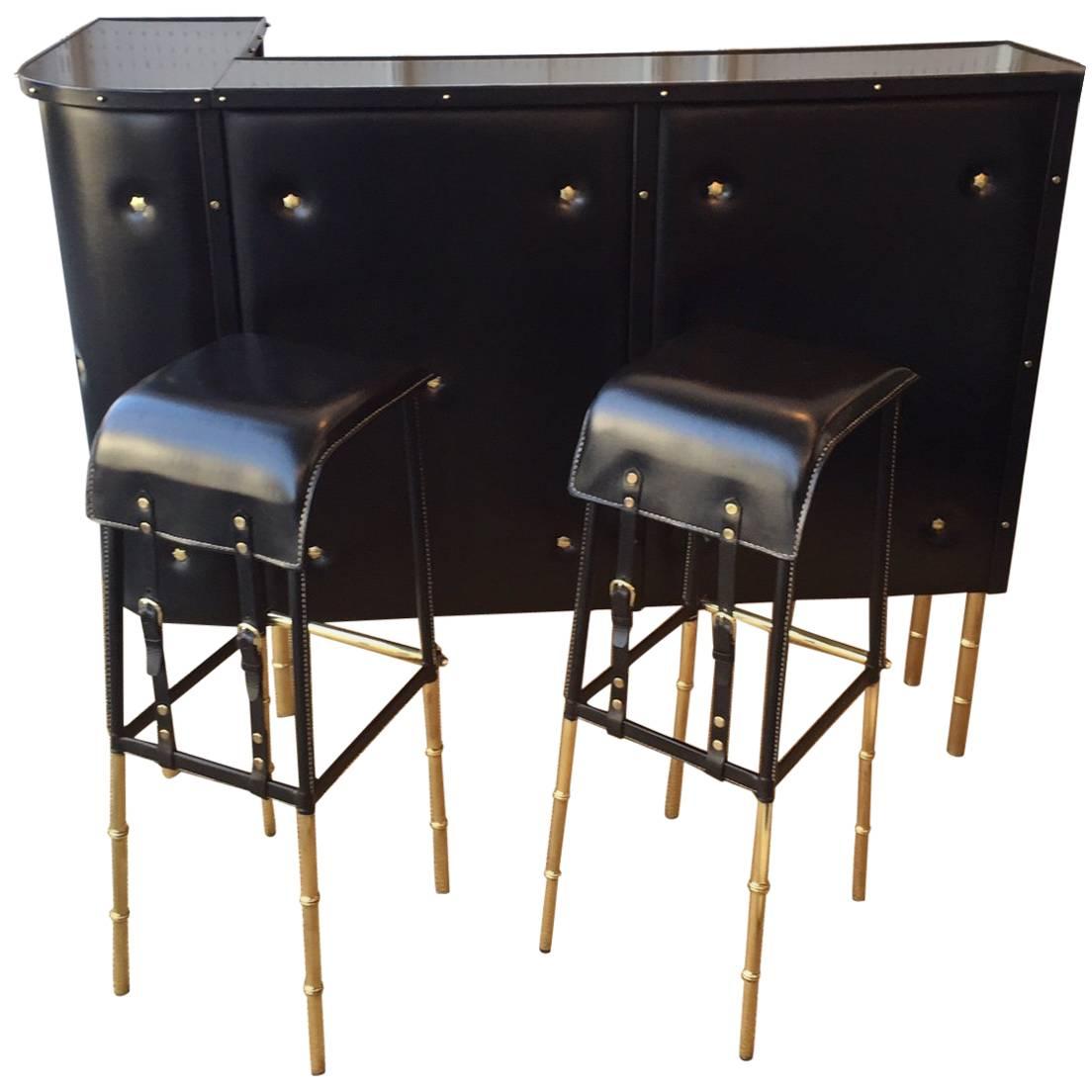 Jacques Adnet 1950s Black Bamboo Bar and Two Bar Stools For Sale