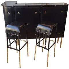 Jacques Adnet 1950s Black Bamboo Bar and Two Bar Stools