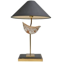 Large Sculptural Table Lamp in Brass with Ceramic Bird