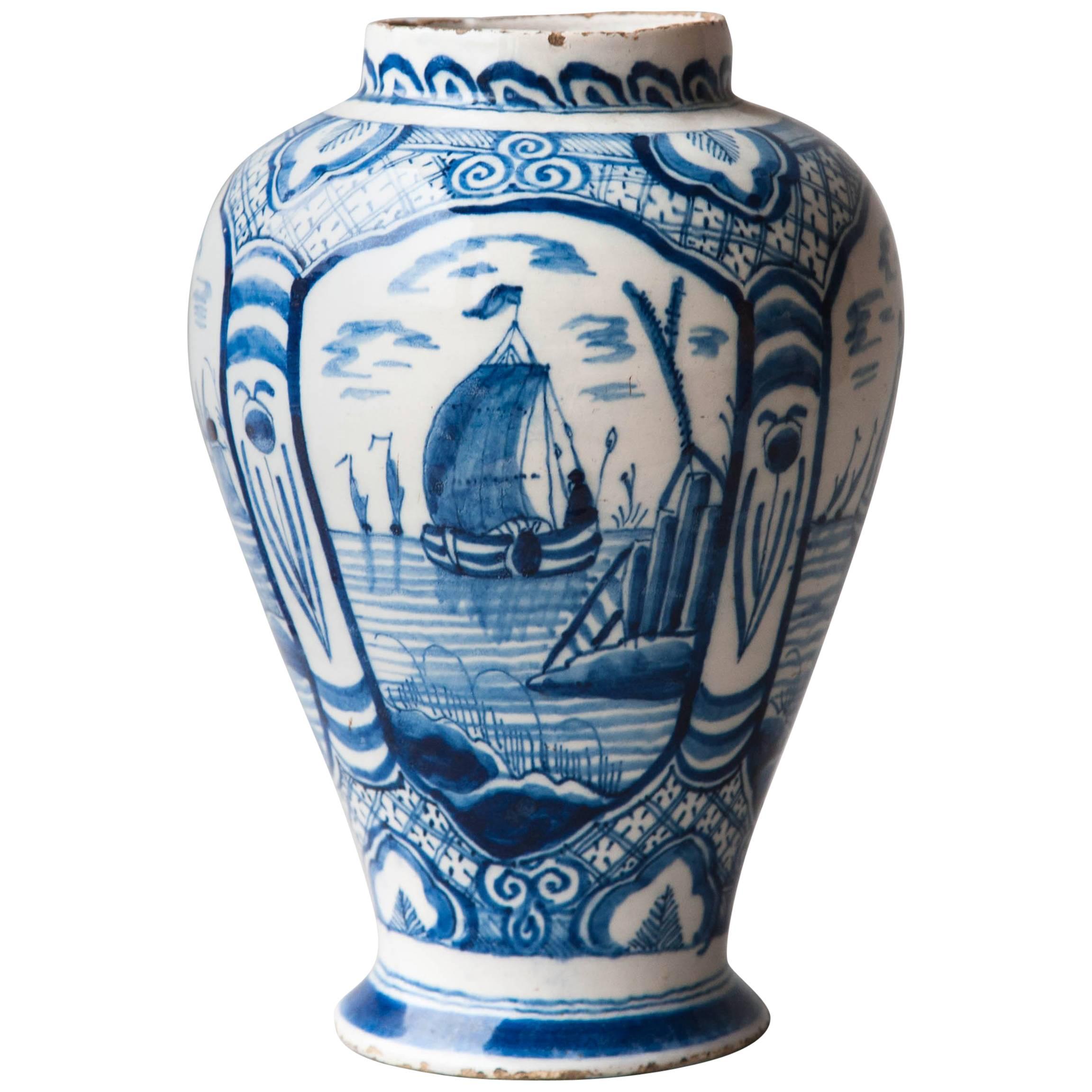 18th Century Blue and White Faïence Baluster Vase with Sea Scapes For Sale