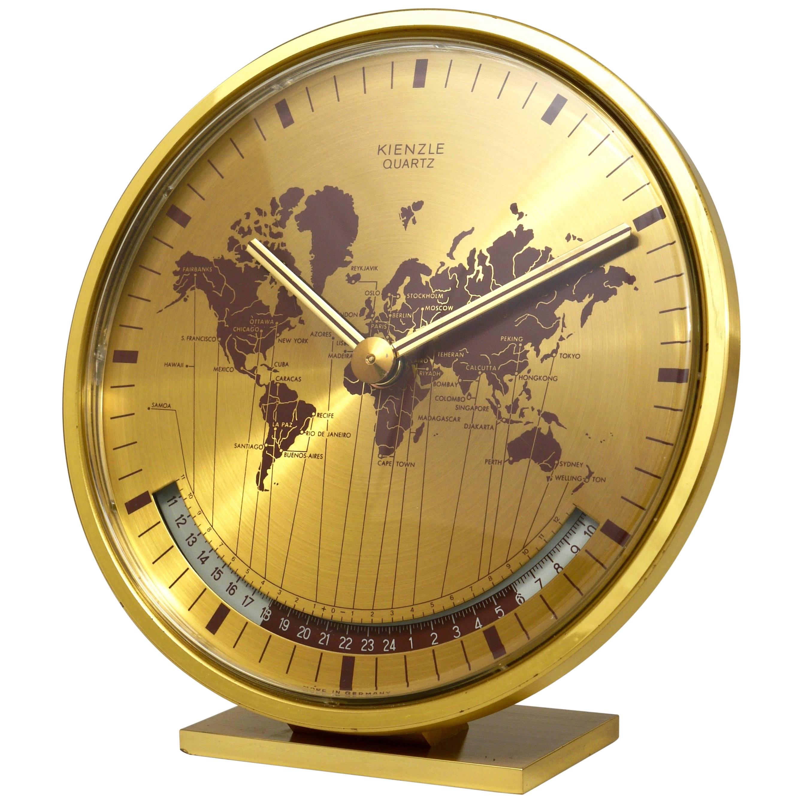 Mid-Century Kienzle GMT World Time Zone Brass Table Clock, Germany, 1960s