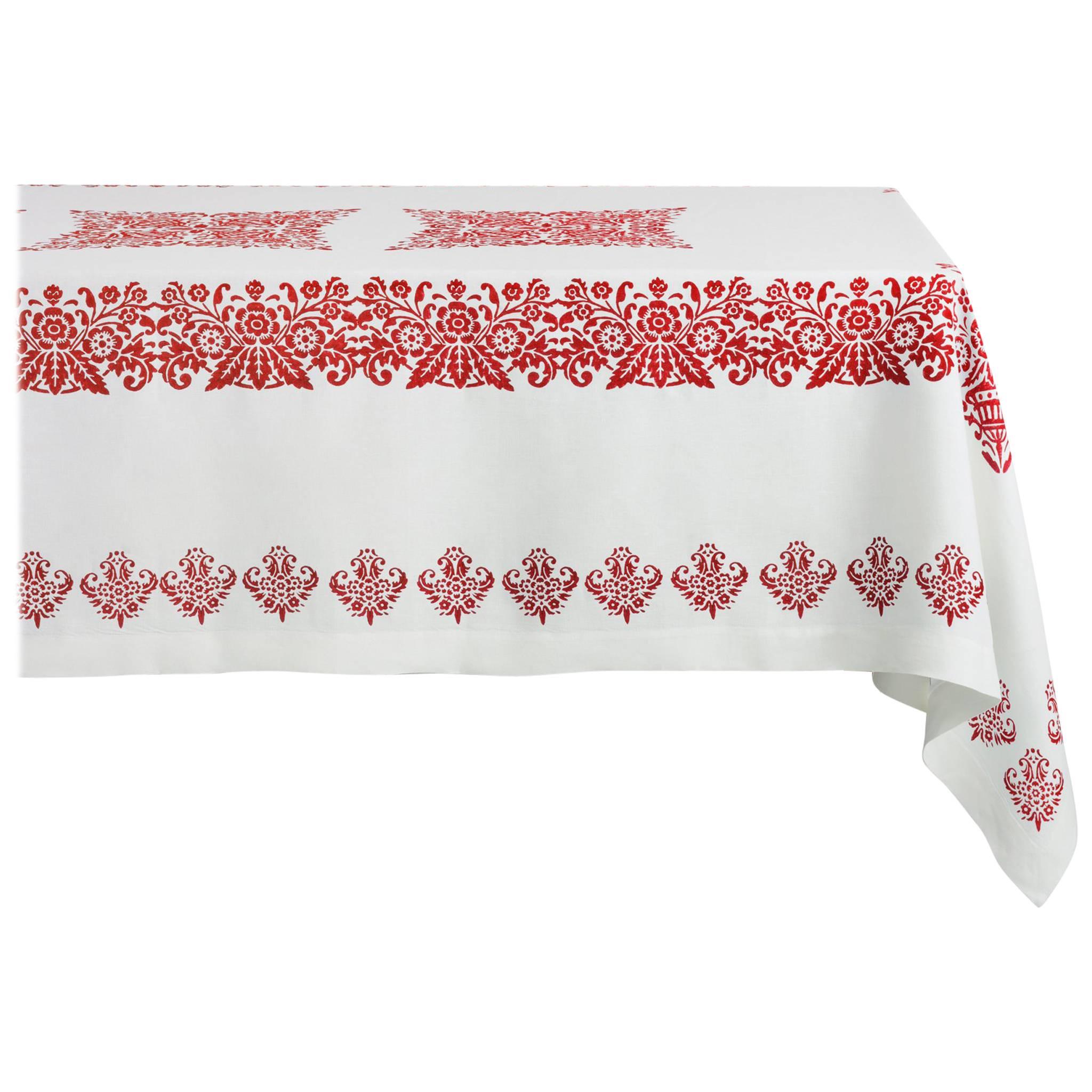 Red and White Rectangular Linen Tablecloth Hand Printed in Italy For Sale