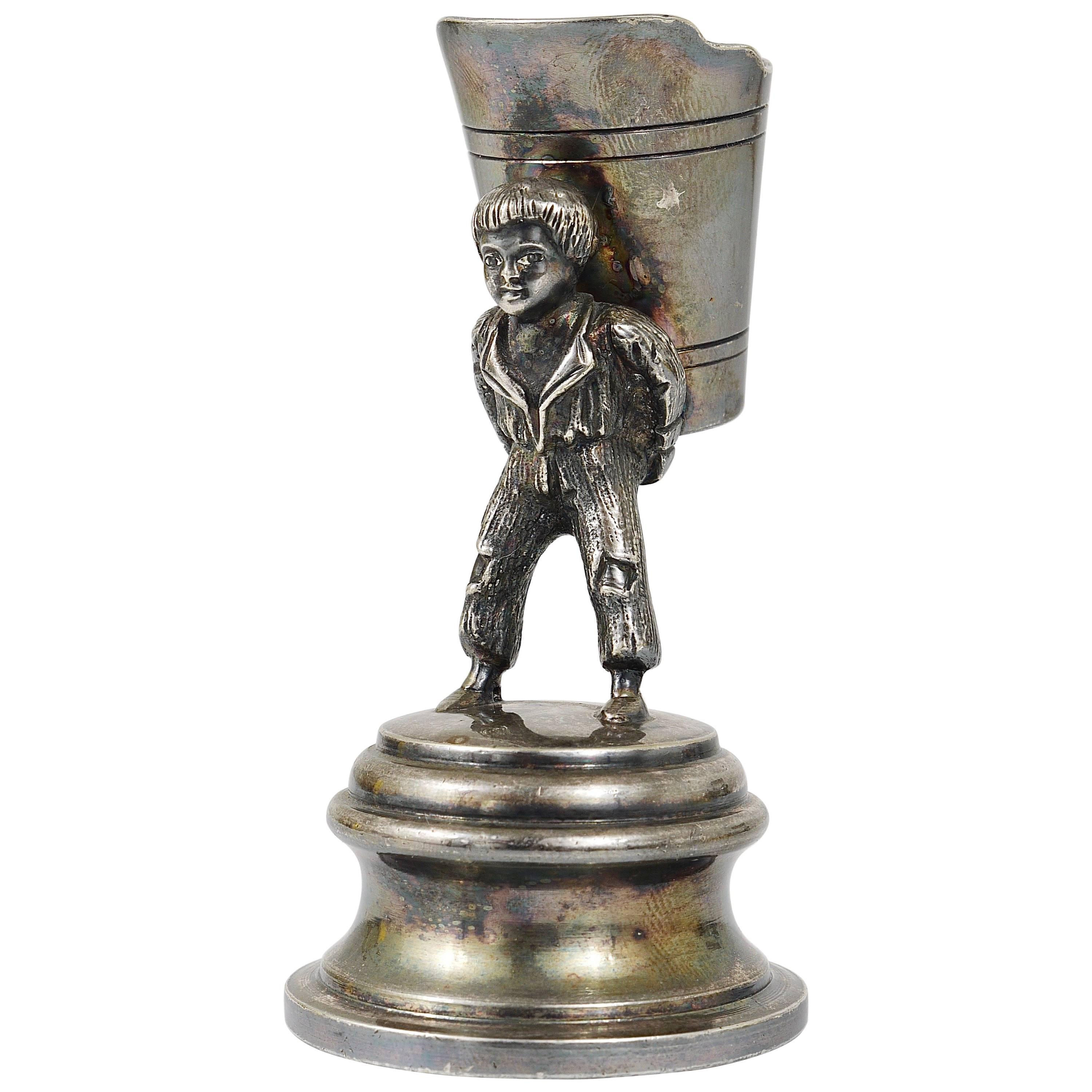 1920s Silver Art Nouveau Toothpick Holder Displaying a Boy at Grape Harvest For Sale