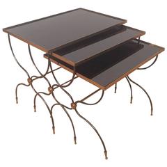 Set of Three Brass and Black Mirrored Nesting Tables