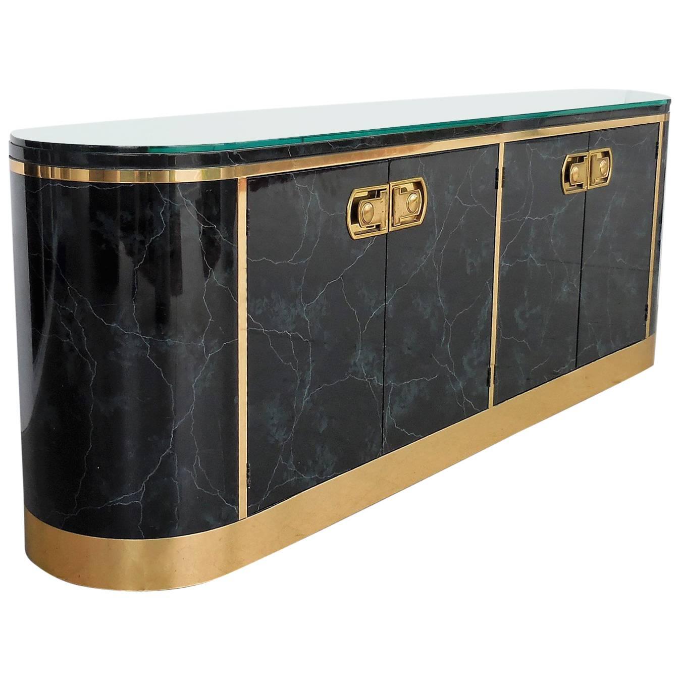 Lacquer and Brass Console Sideboard by Mastercraft