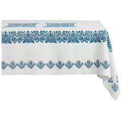 Blue and White Rectangular Linen Tablecloth Hand Printed in Italy