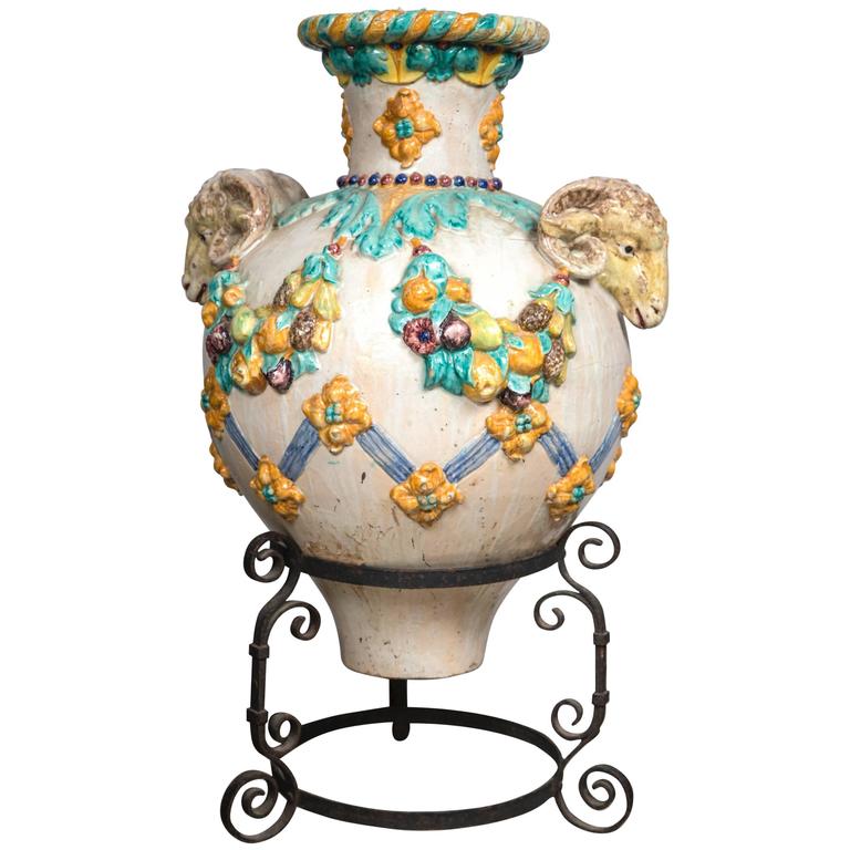Massive Glazed Pottery Urn in Iron Stand at 1stDibs