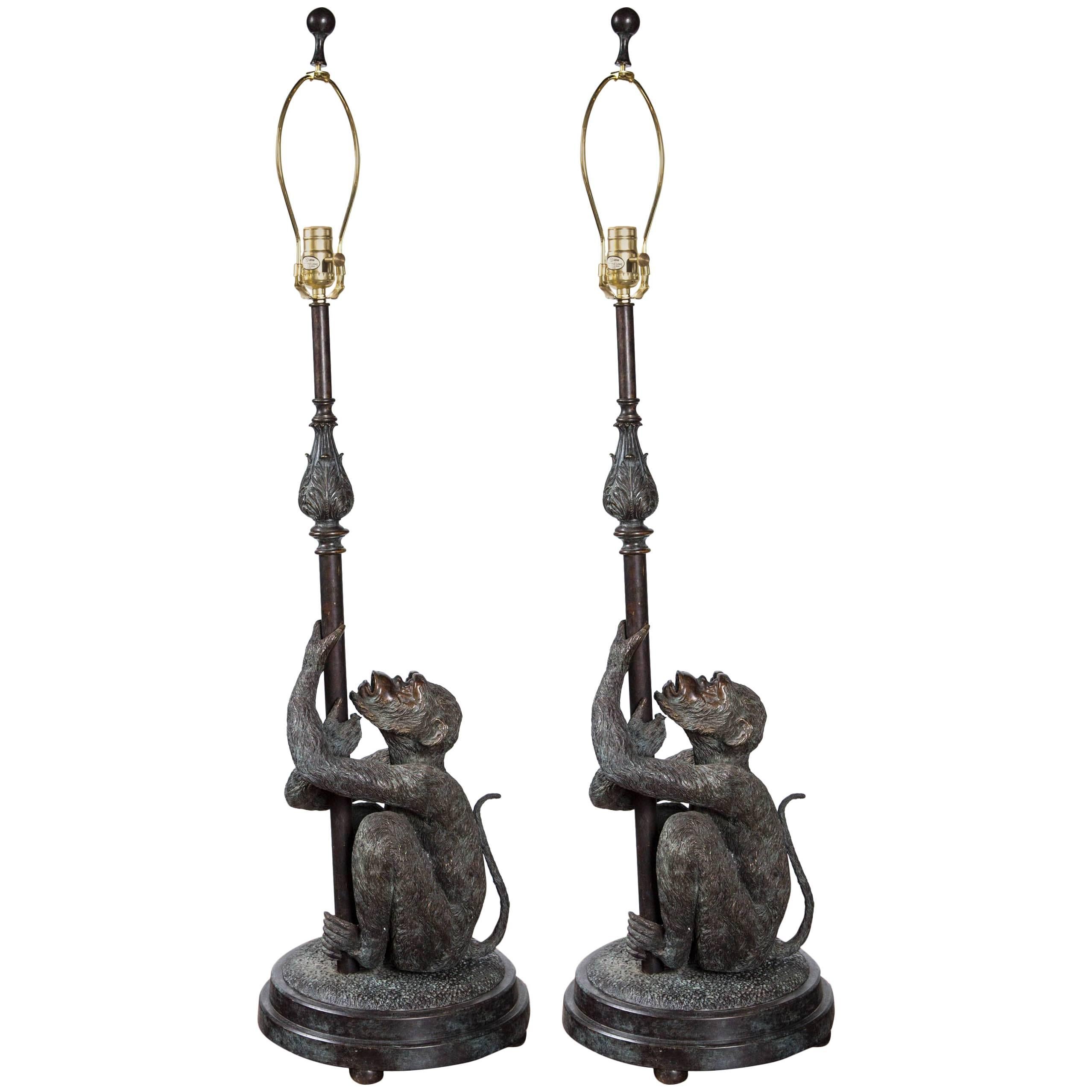 Pair of Bronze Monkey Lamps 