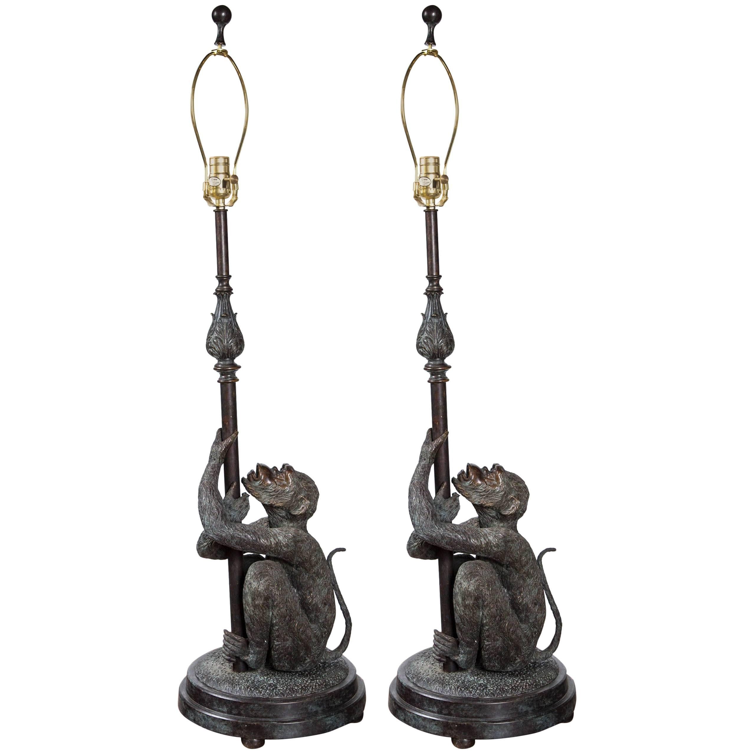 Pair of Bronze Monkey Lamps