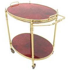 Bar Cart by Aldo Tura in Red Goatskin and Brass, Italy, 1960s 2
