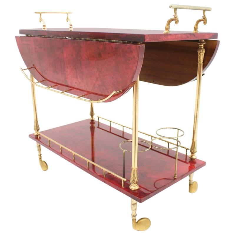 Large Bar Cart by Aldo Tura in Red Goatskin and Brass, Italy, 1960s